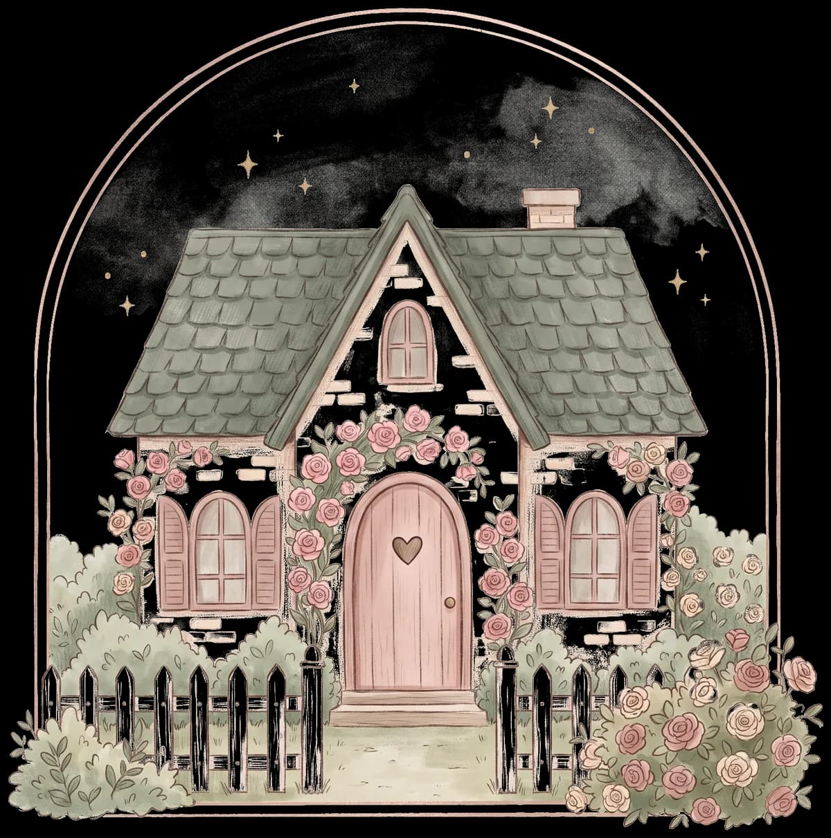 A storybook cottage with a heart on the door and climbing roses, the Ever After Cleaning illustration